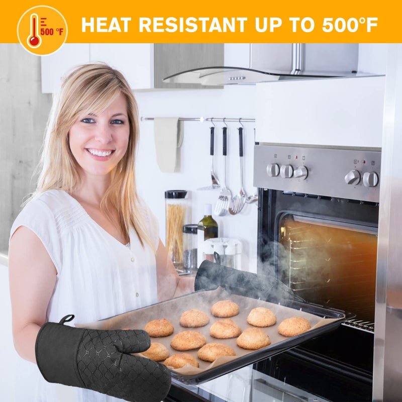 Wsedor 6 Pcs Oven Mitts and Pot Holders, 500â„‰ Heat Resistant Oven Mitts with Kitchen Towels Soft Cotton Lining and Non-Slip Silicone Surface Safe for Baking, Cooking, BBQ (Black) - Image 2
